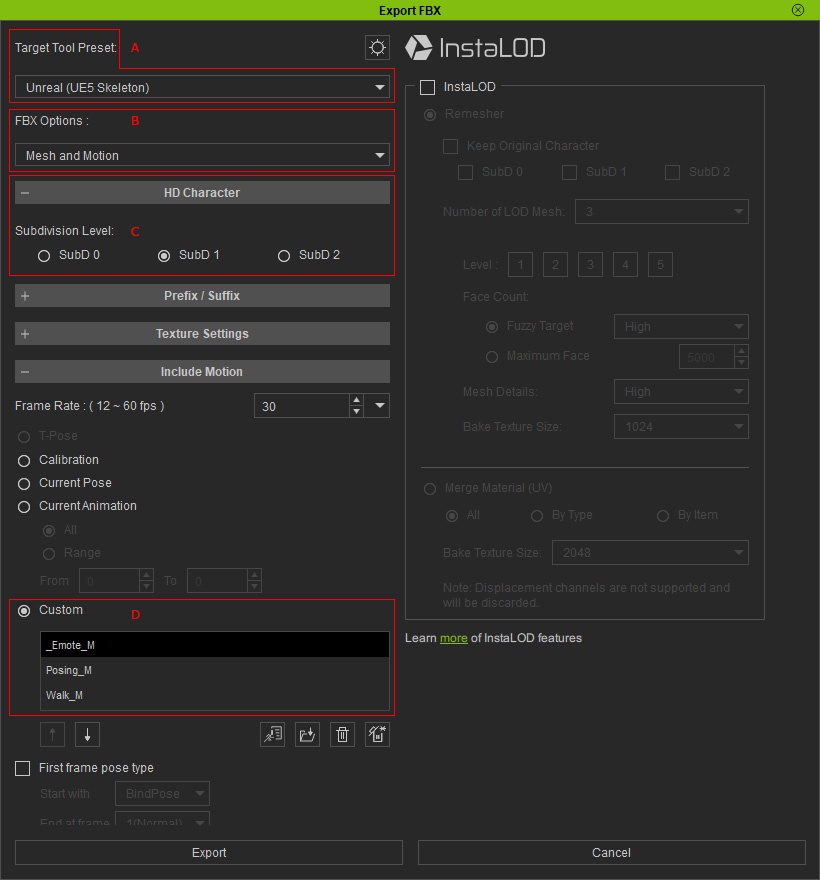 Character Creator FBX export settings for Unreal Engine
