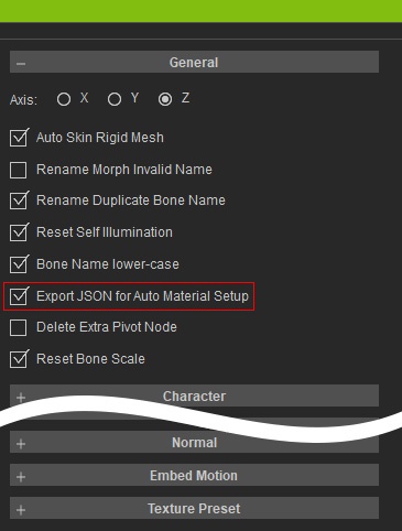 Export JSON for Auto Material Setup option