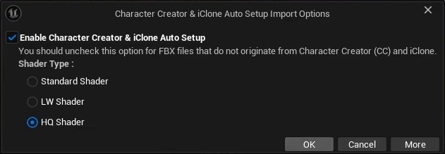 Auto Setup import dialog with HQ Shader selected