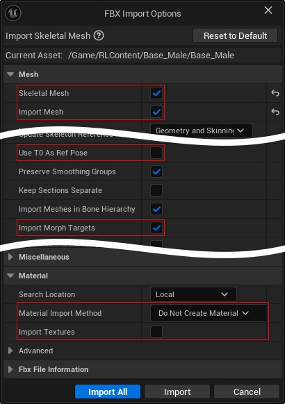 Unreal FBX import options showing Import Morph Targets