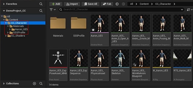 Unreal Content Browser displaying imported character assets