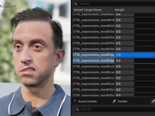 Unreal skeletal mesh preview with facial morph targets